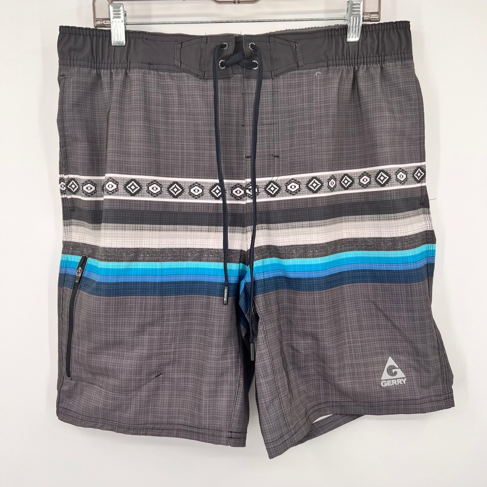 Gerry Mens Board Shorts Swim Trunks Gray Blue Striped Geometric Size Large L‎